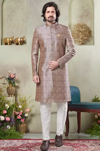 Men's brown  sherwani set with digital print on fabric art silk and faux satin