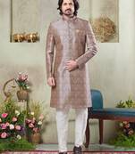 Men's brown  sherwani set with digital print on fabric art silk and faux satin