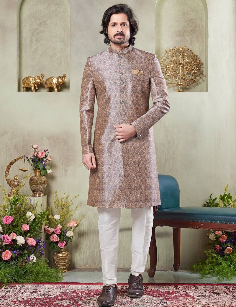 Men's brown  sherwani set with digital print on fabric art silk and faux satin