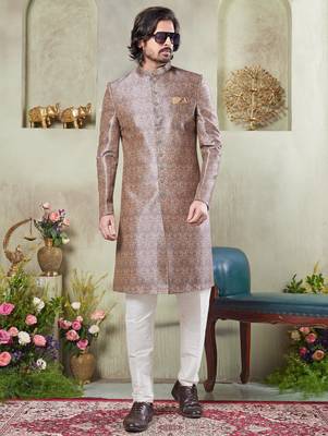 men's brown  sherwani set with digital print on fabric art silk and faux satin 2