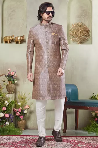 men's brown  sherwani set with digital print on fabric art silk and faux satin