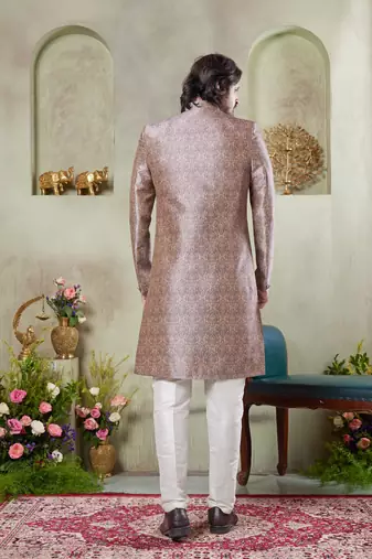 men's brown  sherwani set with digital print on fabric art silk and faux satin