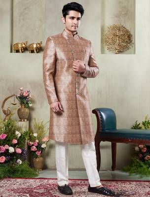 gold sherwani set with digital print on fabric art silk and faux satin 1