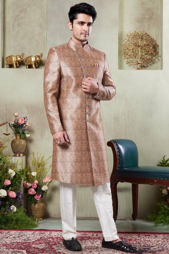Gold sherwani set with digital print on fabric art silk and faux satin