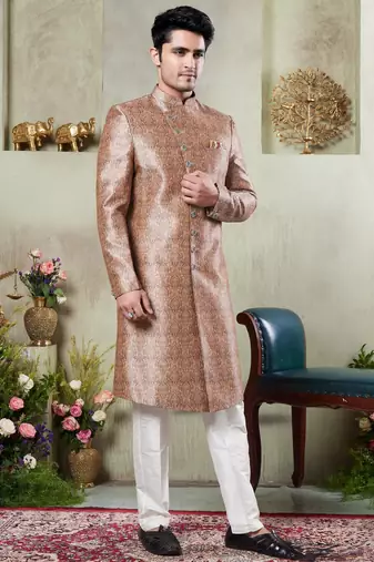 Gold sherwani set with digital print on fabric art silk and faux satin