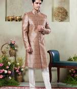 Gold sherwani set with digital print on fabric art silk and faux satin
