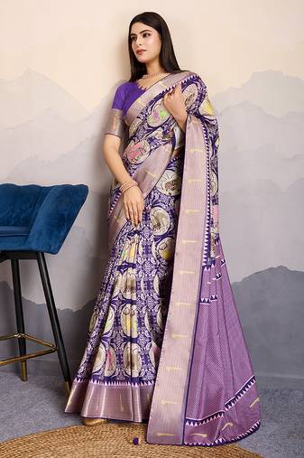 Purple zari border dola satin digital printed saree