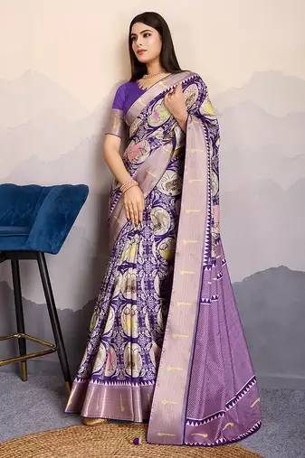 Purple zari border dola satin digital printed saree