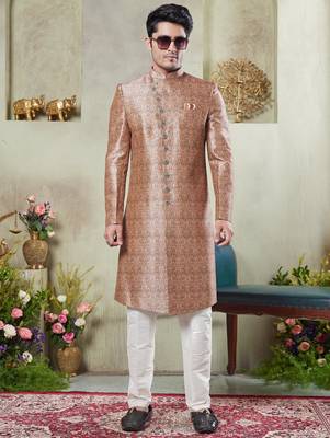 gold sherwani set with digital print on fabric art silk and faux satin 2