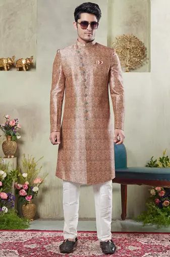 gold sherwani set with digital print on fabric art silk and faux satin