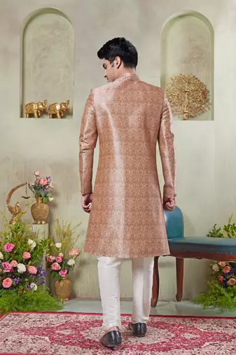 gold sherwani set with digital print on fabric art silk and faux satin