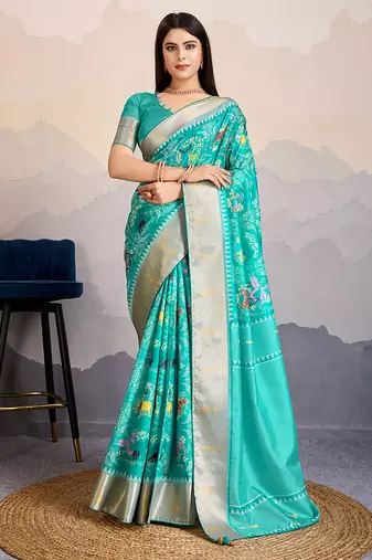 Turquoise zari border dola satin digital printed saree