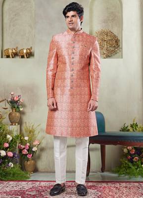 men's pink  sherwani set with digital print on fabric art silk and faux satin 1