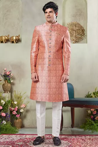 Men's pink  sherwani set with digital print on fabric art silk and faux satin