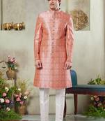 Men's pink  sherwani set with digital print on fabric art silk and faux satin