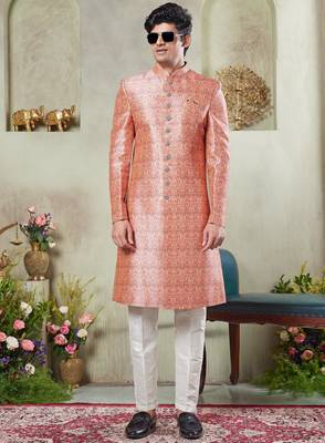 men's pink  sherwani set with digital print on fabric art silk and faux satin 2