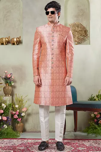 men's pink  sherwani set with digital print on fabric art silk and faux satin