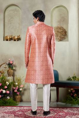 men's pink  sherwani set with digital print on fabric art silk and faux satin 3