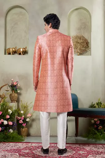 men's pink  sherwani set with digital print on fabric art silk and faux satin
