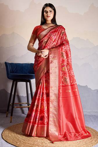 Red zari border dola satin digital printed saree
