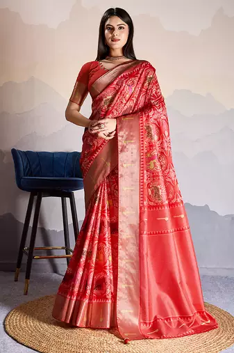 Red zari border dola satin digital printed saree