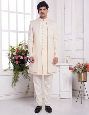 men's cream  3 peice jacket set with imported jaquard silk and faux satin 1
