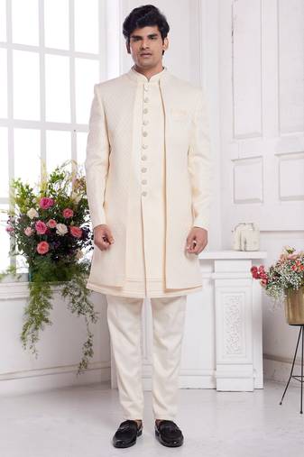 Men's cream  3 peice jacket set with imported jaquard silk and faux satin