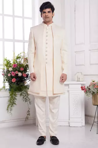 Men's cream  3 peice jacket set with imported jaquard silk and faux satin