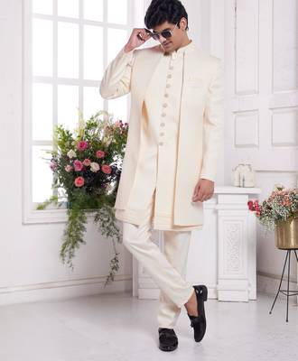 men's cream  3 peice jacket set with imported jaquard silk and faux satin 2