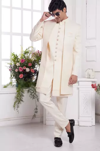 men's cream  3 peice jacket set with imported jaquard silk and faux satin