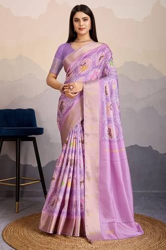Lilac zari border dola satin digital printed saree