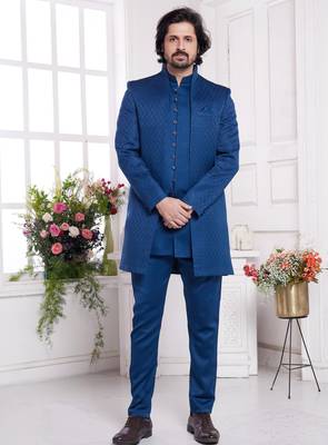 men's blue  3 peice jacket set with imported jaquard silk and faux satin 1