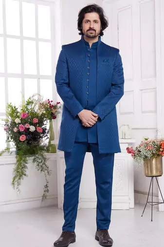 Men's blue  3 peice jacket set with imported jaquard silk and faux satin