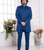 Men's blue  3 peice jacket set with imported jaquard silk and faux satin