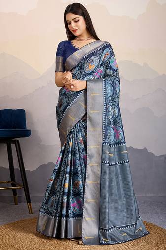 Navy blue zari border dola satin digital printed saree