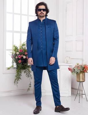 men's blue  3 peice jacket set with imported jaquard silk and faux satin 2