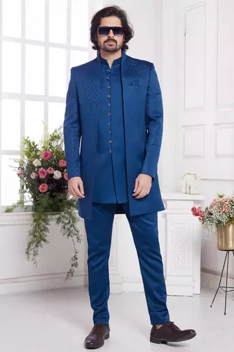 men's blue  3 peice jacket set with imported jaquard silk and faux satin