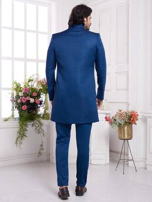 men's blue  3 peice jacket set with imported jaquard silk and faux satin 3
