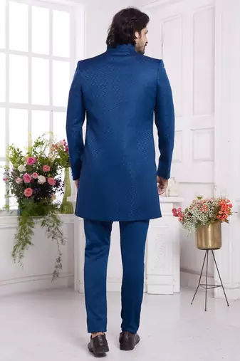 men's blue  3 peice jacket set with imported jaquard silk and faux satin