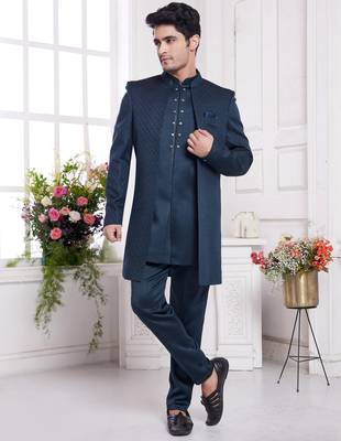 men's green  3 peice jacket set with imported jaquard silk and faux satin 1