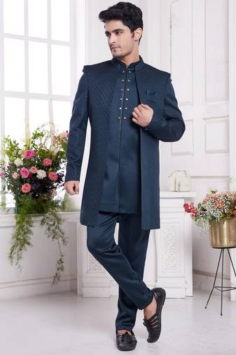 Men's green  3 peice jacket set with imported jaquard silk and faux satin