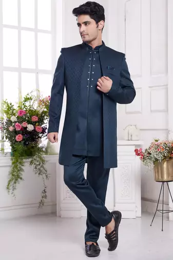 Men's green  3 peice jacket set with imported jaquard silk and faux satin