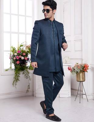 men's green  3 peice jacket set with imported jaquard silk and faux satin 2