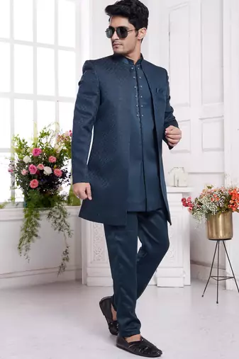 men's green  3 peice jacket set with imported jaquard silk and faux satin