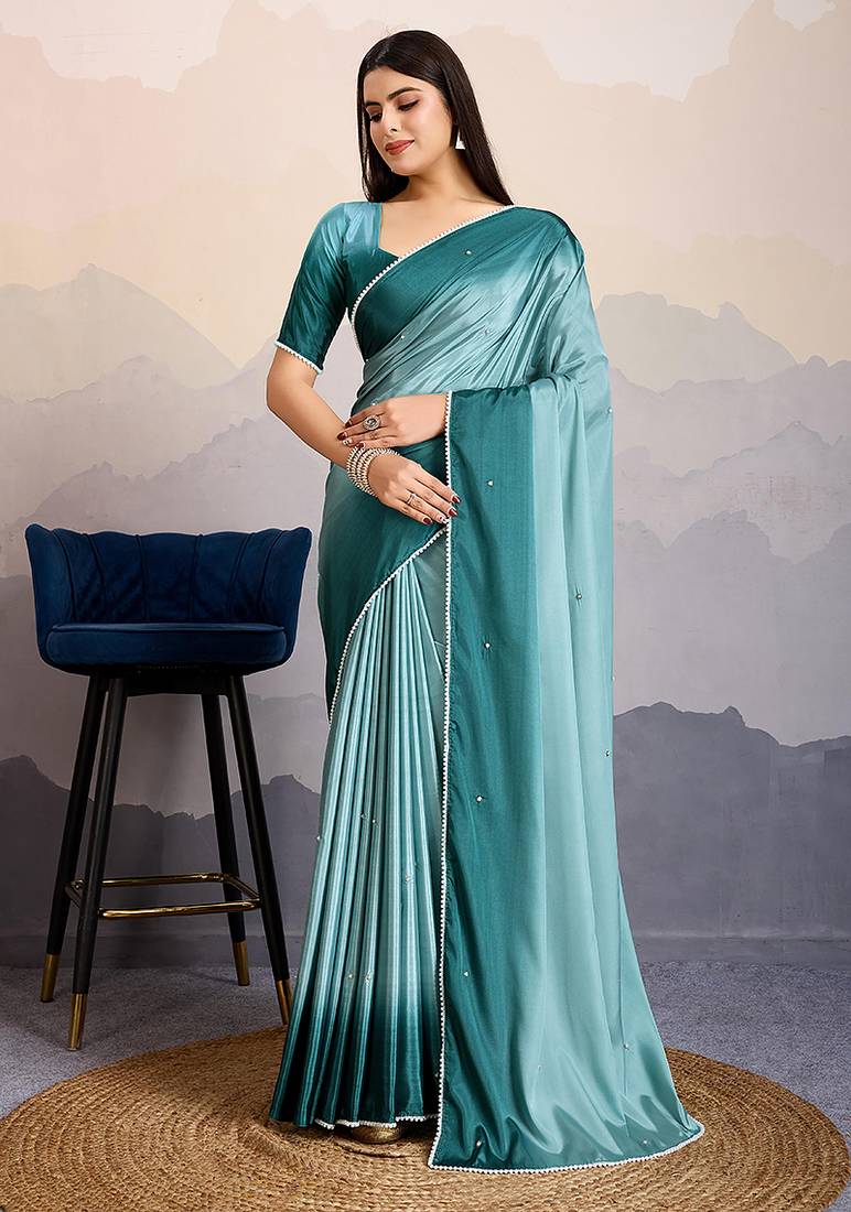 Teal blue satin crepe pearl lace border saree