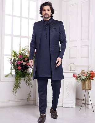 men's blue  3 peice jacket set with imported jaquard silk and faux satin 1