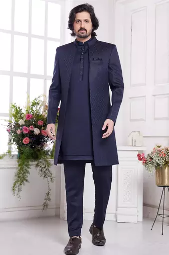 Men's blue  3 peice jacket set with imported jaquard silk and faux satin