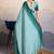 Teal blue satin crepe pearl lace border saree