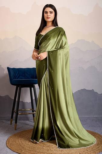 Olive green satin crepe pearl lace border saree