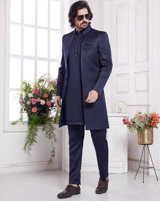 men's blue  3 peice jacket set with imported jaquard silk and faux satin 2